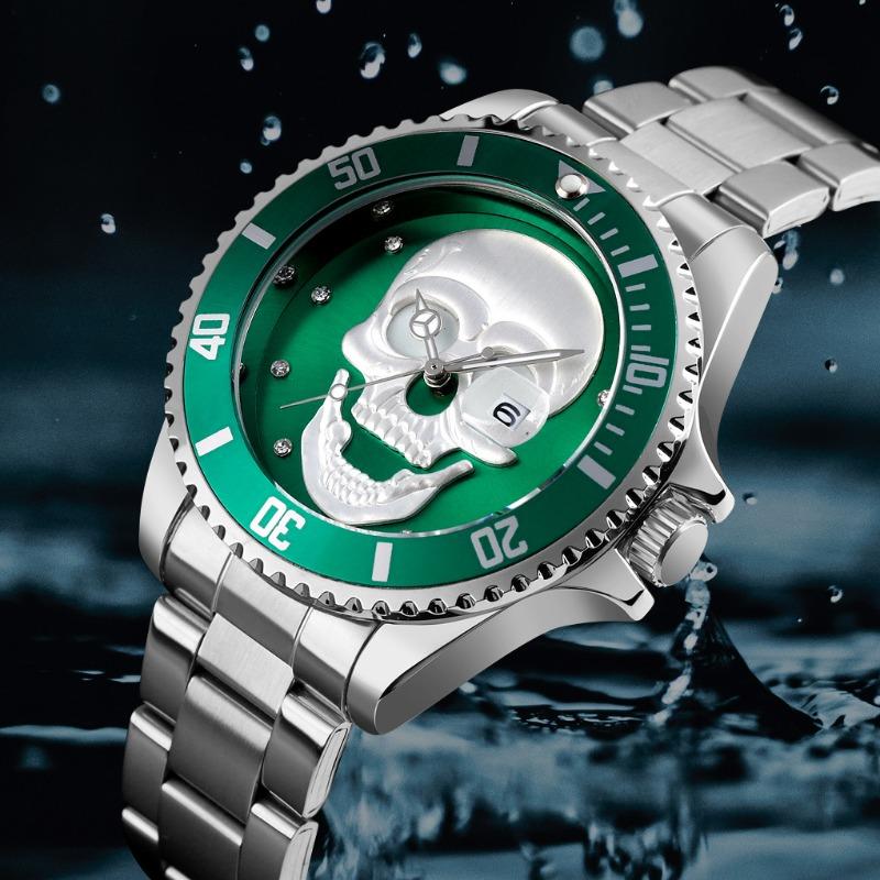 Hot-selling watch, fashionable rhinestone-encrusted skull, luminous men's waterproof quartz watch