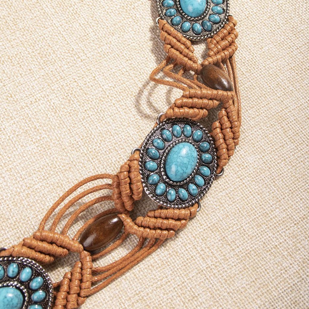 New Middle Eastern Boho Alloy Turquoise Resin Beads Weaving Knotted Ethnic Style Women's Waist Rope