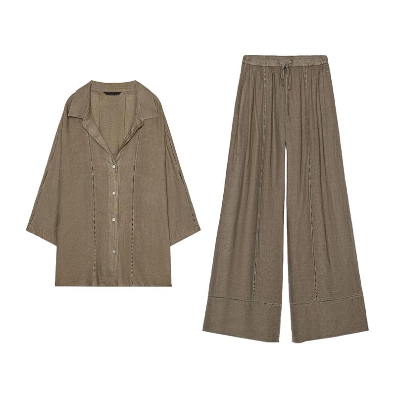 Idle Style Simple Lapel Casual Shirt 4043058 Linen Blended Mid Waist Wide Leg Pants 4043059
