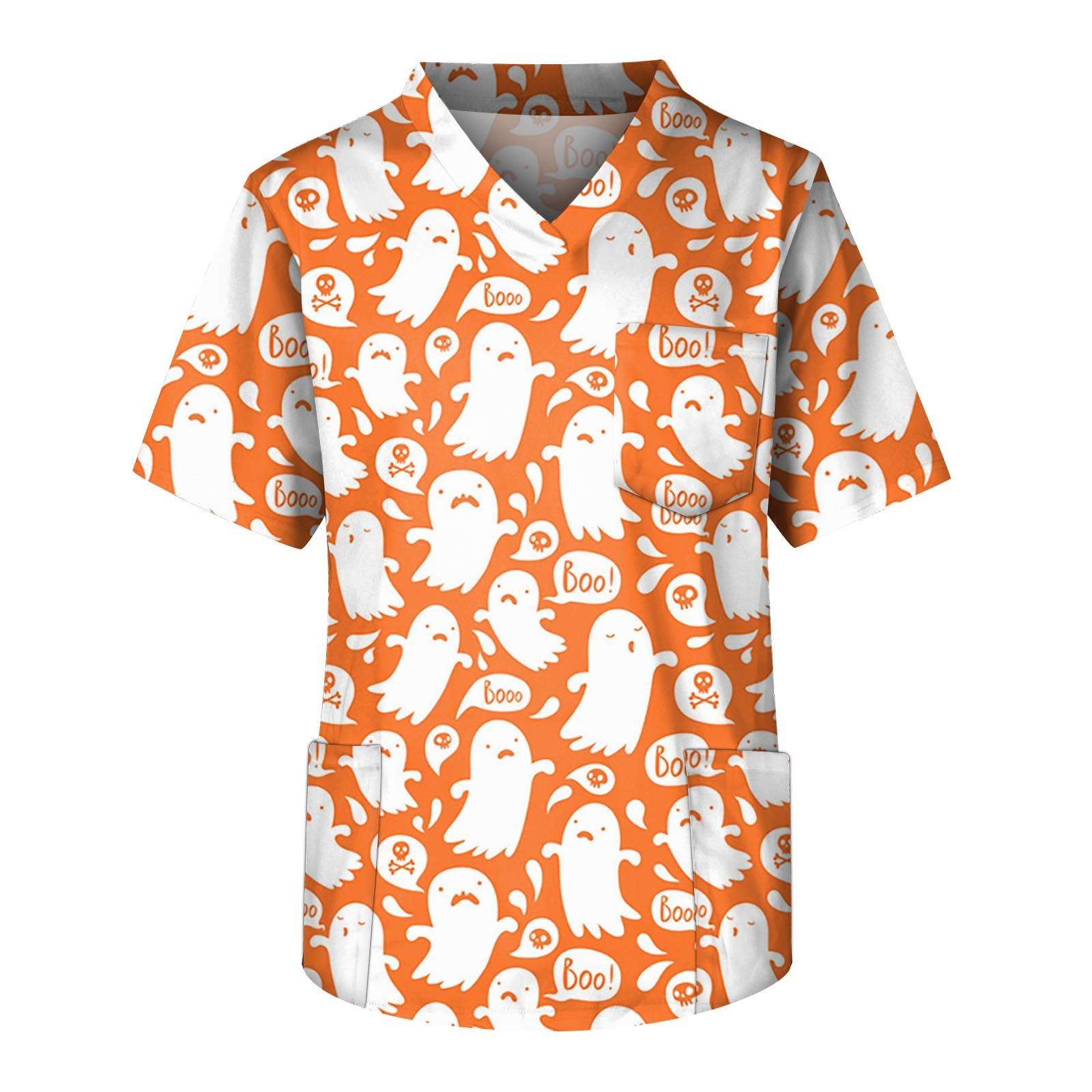 

Fashion Men s Short Sleeve V Neck Halloween Printing Working Chest Pocket Carer Top XXL білий