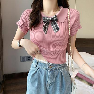Vară Stil Coreean Nou Tricou Tricotat cu Mânecă Scurtă cu Guler Păpușă cu Fundă Top Scurt cu Buricul la Vedere pentru Femei Trend INS