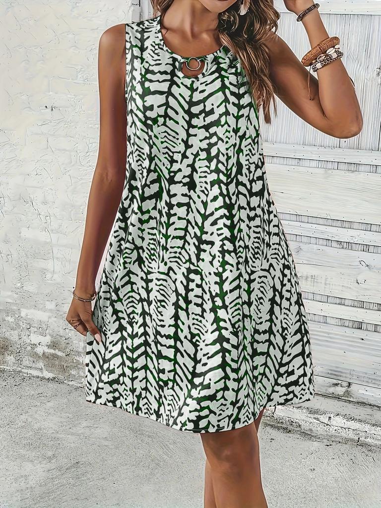 2026 Abito da donna a maniche corte con stampa europea e americana, ad anelli, casual da vacanza, versatile, abbigliamento femminile