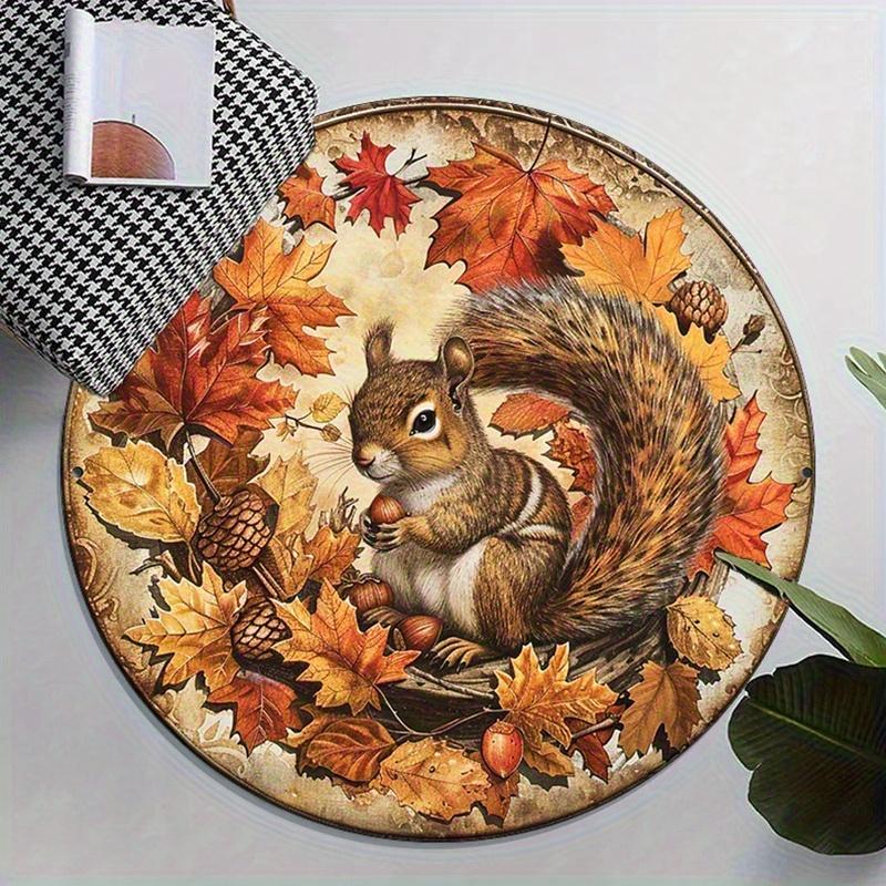 [2D flat, not 3D]Comes with 2 anti slip mats1pcs Autumn Leaves Squirrel Pattern Round Mat- Soft, Non-Slip Polyester Floor Mat wi