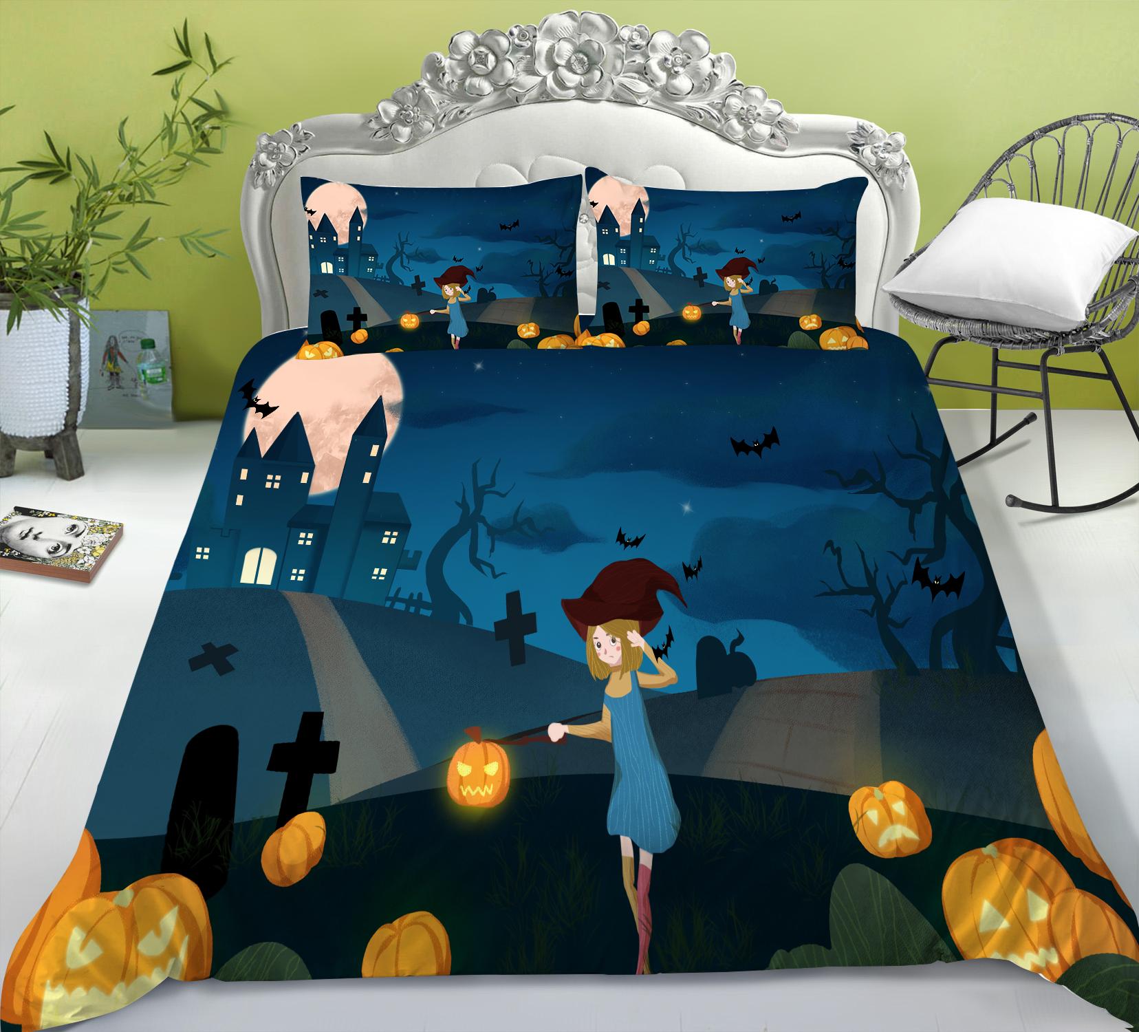 

Домашний комплект постельного белья на Хэллоуин с призрачным принтом, тыквой, лампой, пододеяльником и наволочкой, 2 или 3 полноразмерных моющихся удобных постельных белья EU Single 135x200cm
