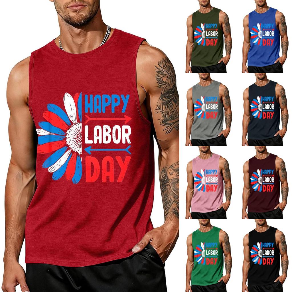 Men's Sleeveless Casual Tank Top with Labor Day Graphic Print Lightweight Summer Muscle Shirt for Outdoor Activities