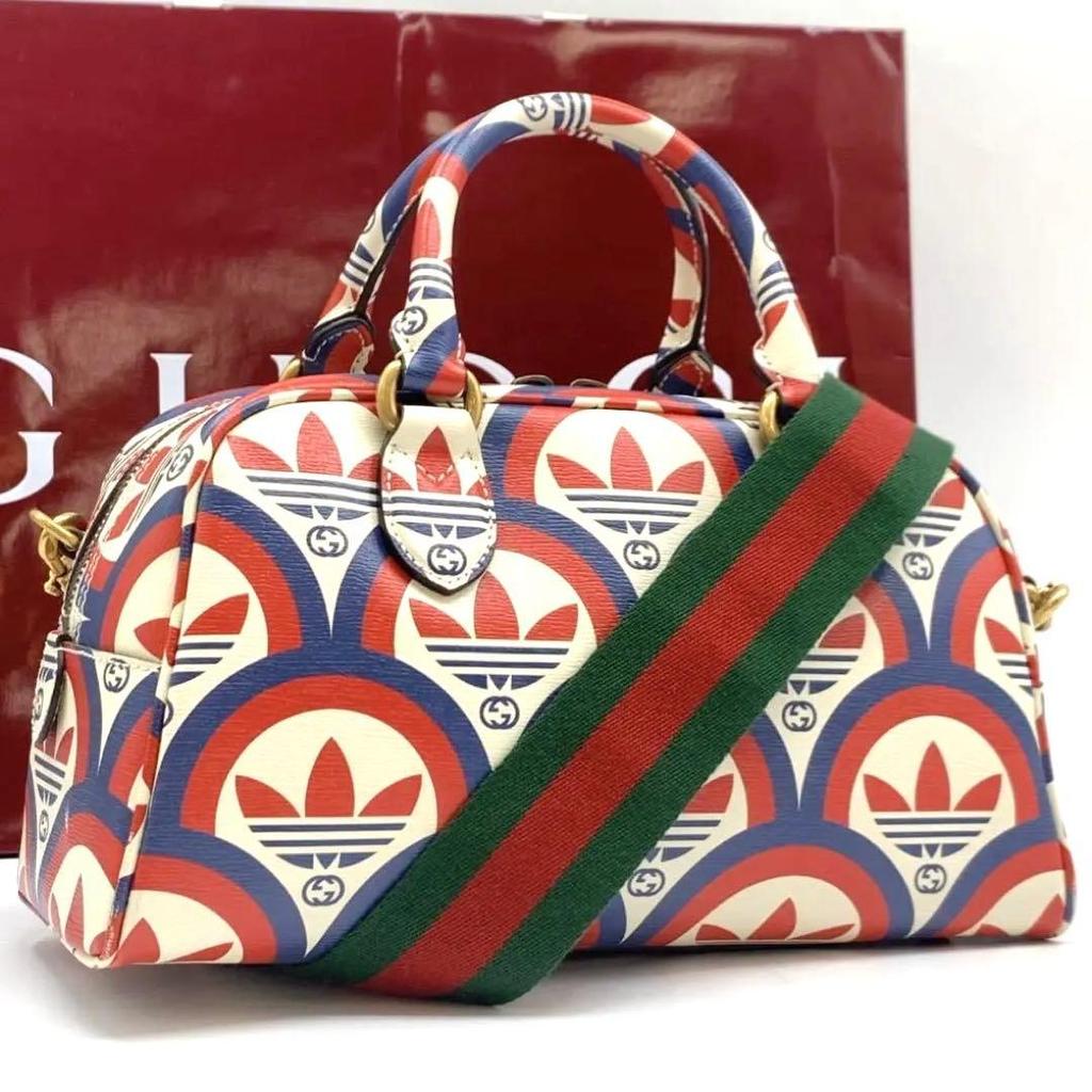 GUCCI ADIDAS Collaboration Double Branded Multi Color 2Way Duffle Bag Sherry Line Mini Boston Shoulder Bag Leather