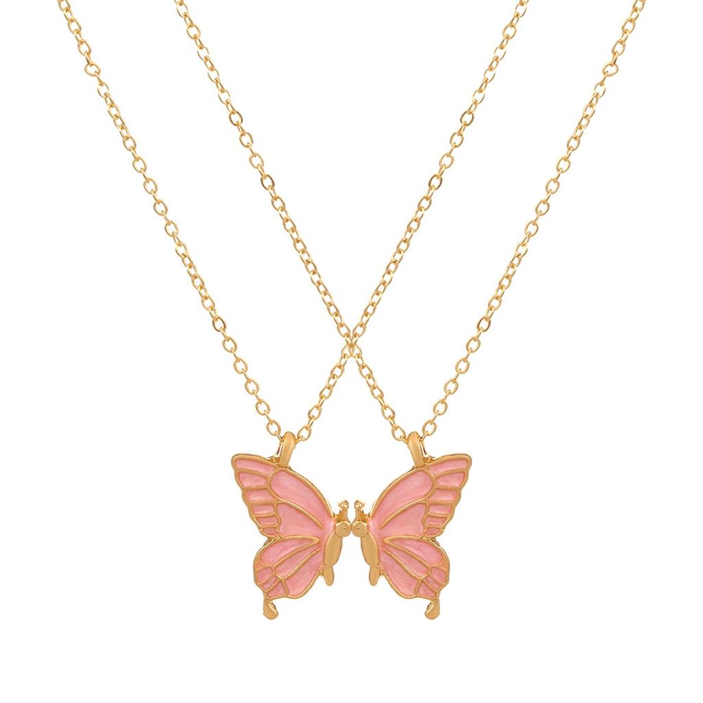 Split Butterfly Pendant Necklace Set Pink Enamel Matching Butterfly Necklaces for Best Friends