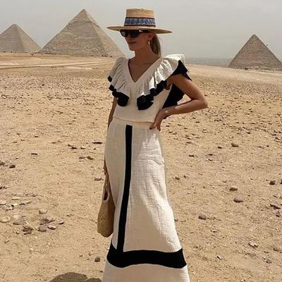 2 Stuks/Set Dames Top Rok Set V-Hals Ruche Mouwloos Geplisseerde Top Slim Fit Hoge Taille Kleurafstemming Maxi Rok Vakantie Woon-werkverkeer