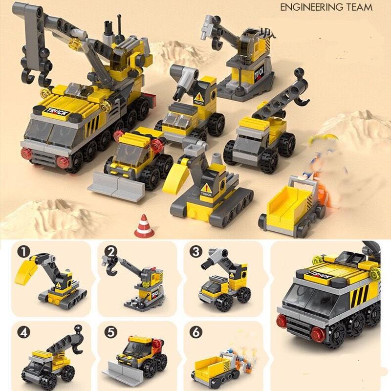 6 IN 1 fai da te City Construction Team Camion Gru Carrello elevatore Piccole dimensioni Blocchi da costruzione Kit Figure Mattoni Giocattoli educativi per bambini 6+