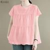 Women Casual Round Neck Solid Color Loose Short Sleeve Blouse