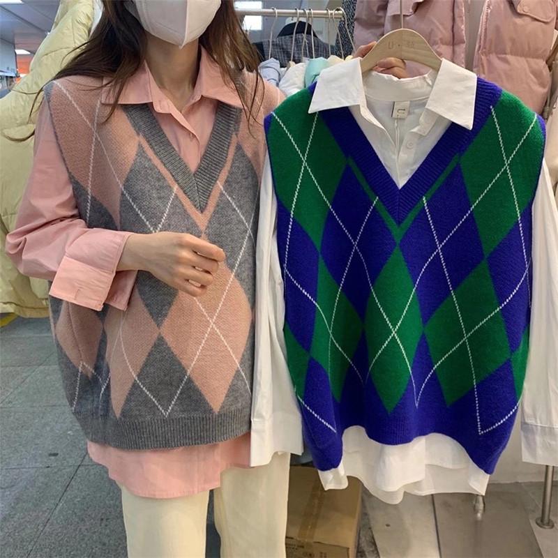 Sweater Vests Women  Autumn Winter  Basic Ladies Diamond Print Knitting Waistcoat