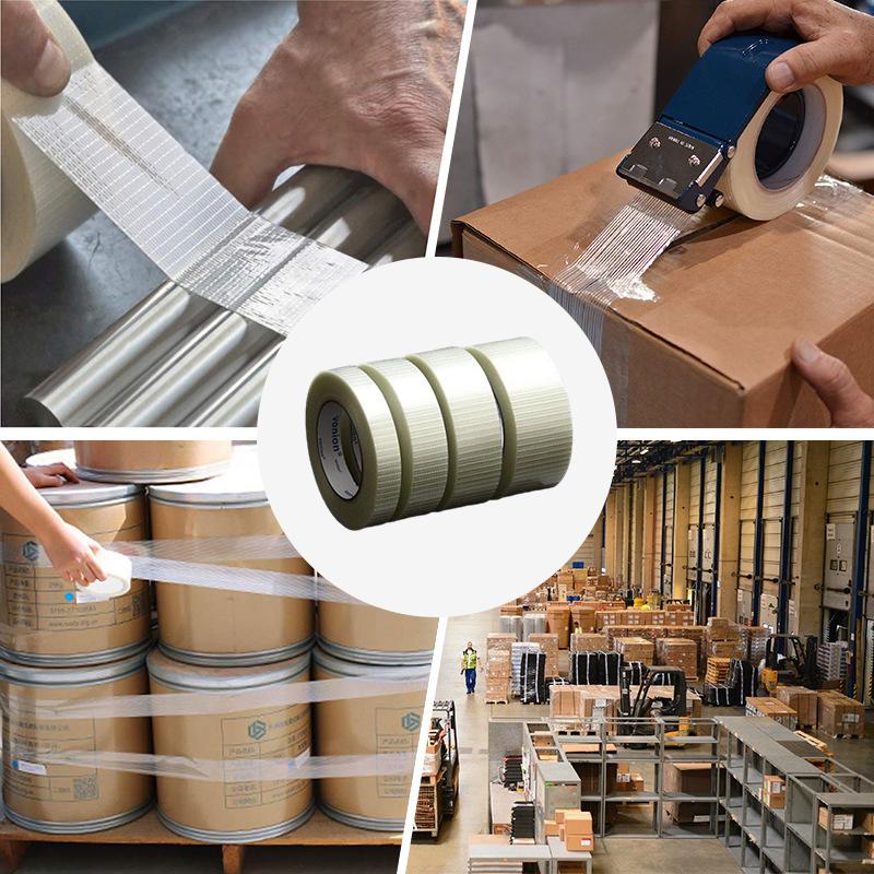 50M Commodity Grade Heavy Duty Transparent Reinforced Fiberglass Tape Stripe Grid Mesh Heat-Resistant Packaging Tape