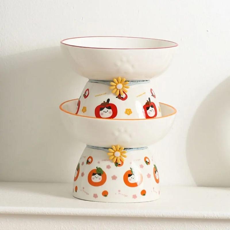 Multi-use Ceramic Cat Bowl Cute Anti Tipping Pet High Foot Bowl Slanted Mouth Non-slip Pet Drinking Feeder Kitten Puppy