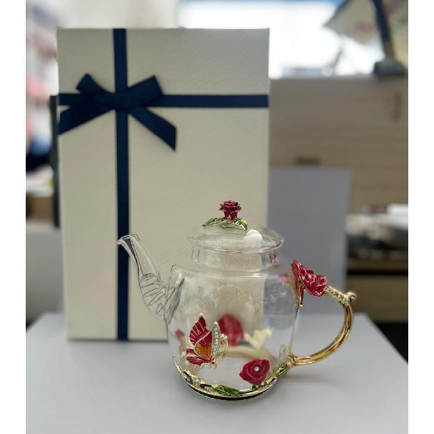 Creative Flower Glass Teapot Crystal Glass Teapot for Kung Fu Tea, Good Gift for Sister, Mom, Grandma, Teachers (Red Rose)