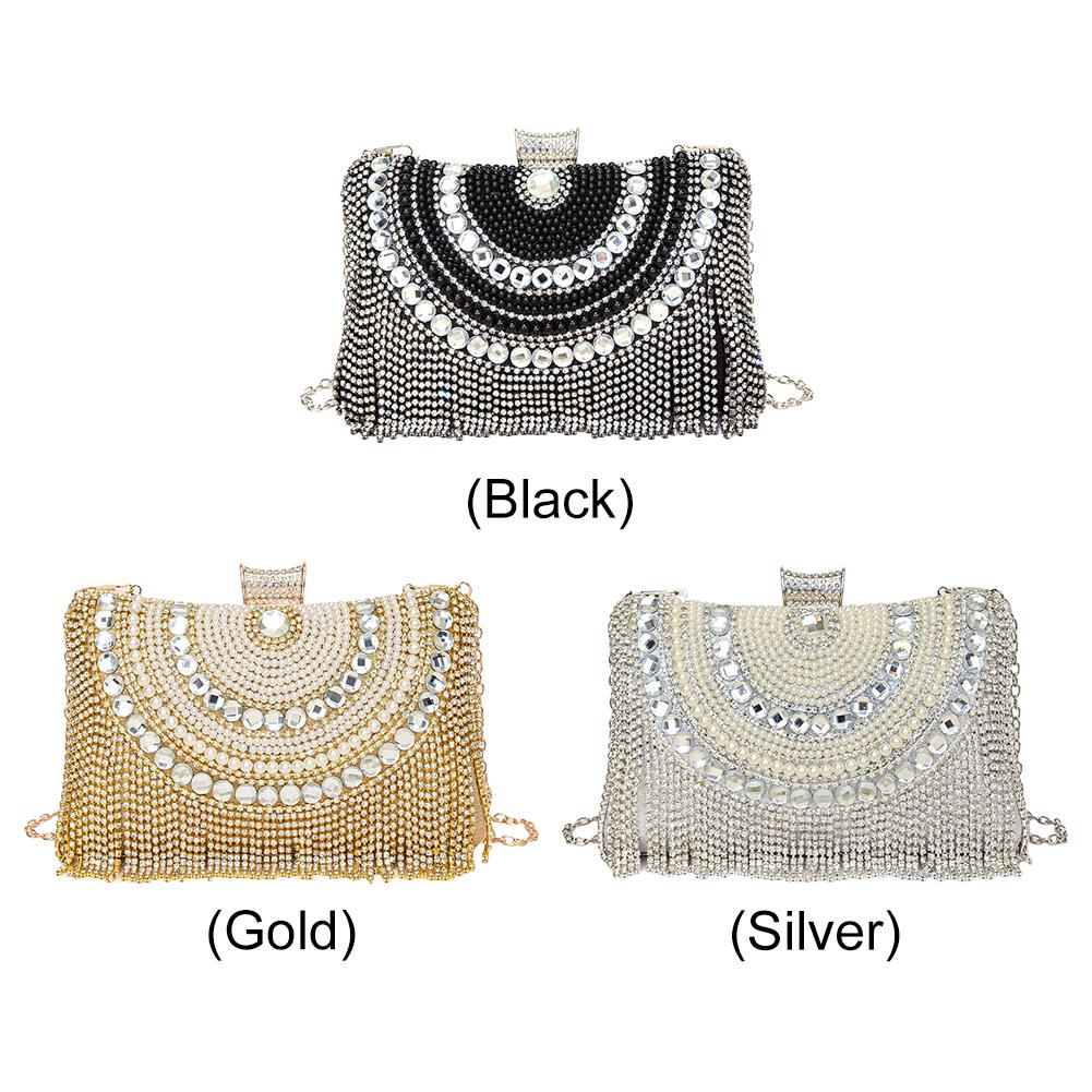 Women Rhinestones Tassel Shouder Bag with Chain Metal Snap Sling Bag Luxury Satchel Bag Female Wedding Club Bag
