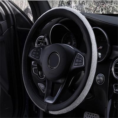 15" 38cm Bling Rhinestone Car Interior Steering Wheel Cover Black PU Leather