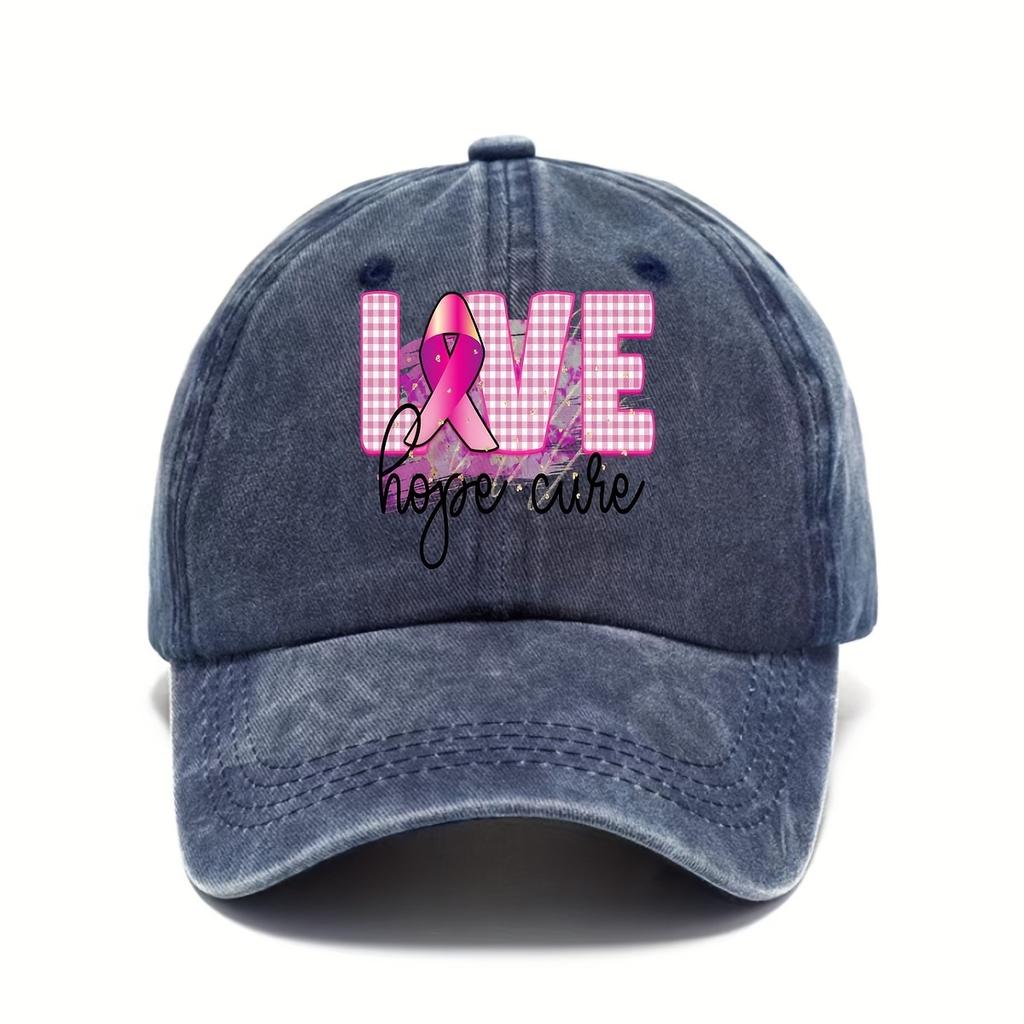 Breast Cancer Awareness Love Hope Cure Pink Ribbon Baseball Cap Adjustable Distressed Denim Hat