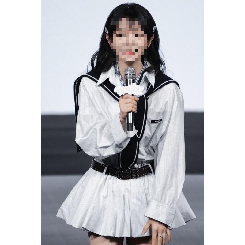 Tian Xiwei 2026 White Plaid Double Collar Shirt Dress Small