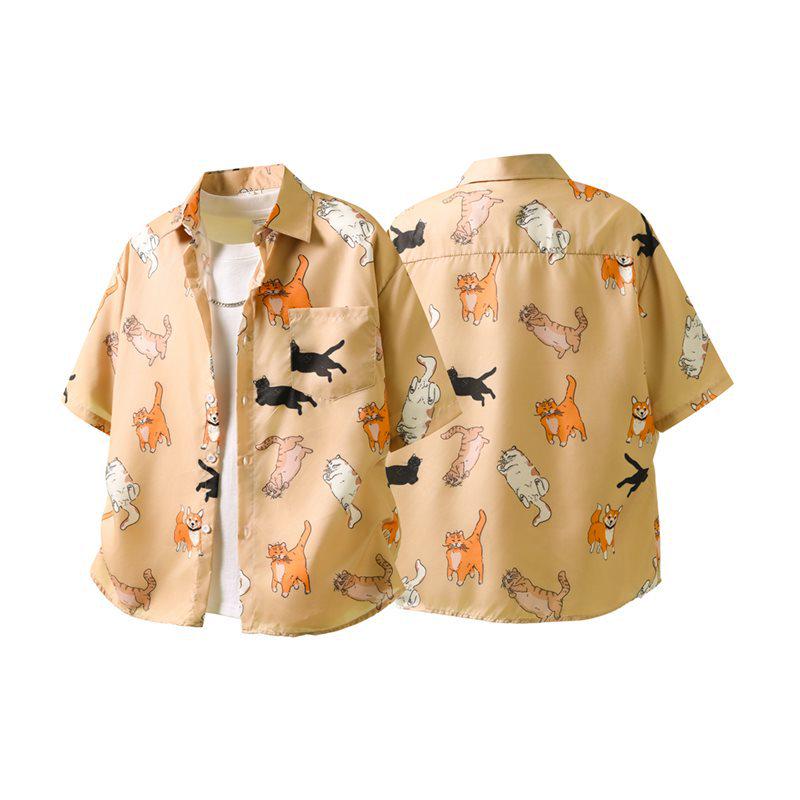 Dopamine Floral Cat Dog Shirt: Unisex Light Yellow Summer Top, Loose Fit, Cool American BF Style