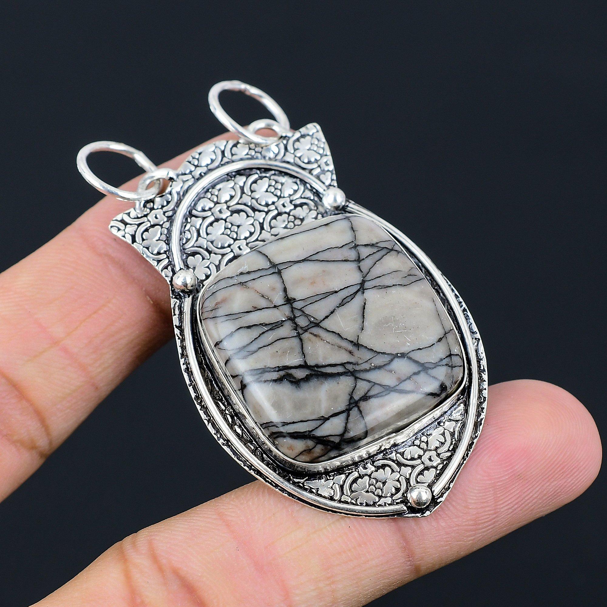 Daughters Day Deal Cushion Spider Web Jasper Gemstone 925 Silver Pendant Jewelry