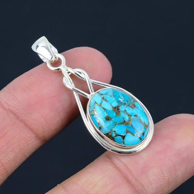 Natural Blue Copper Turquoise Gemstone Pendant, 925 Sterling Silver, Handmade Pendant Jewelry Gift For Valentine's Day