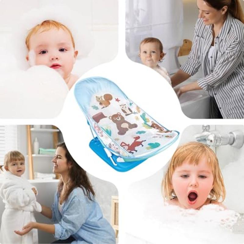 Badstol för baby, Hopfällbar bärbar badbalja för spädbarn med justerbart ryggstöd och halkskydd, Badstol för nyfödd till småbarn med dräneringshål