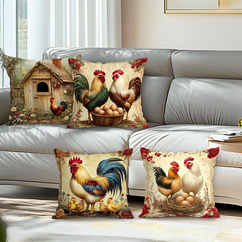 Retro Farmhouse Rooster Cushion Covers 18X18Inch Couch Throw Pillow Case For Car Pillowcase Living Room Christmas Decoration