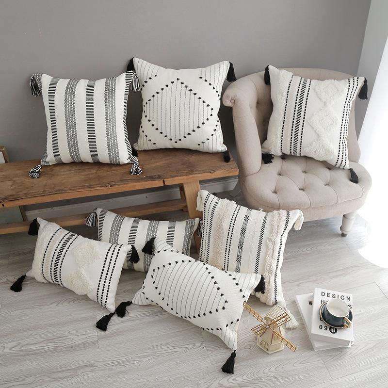 Federa Semplice Trapuntata Cuscini Ricamo Jacquard Camera da Letto Cotone Cuscino Decorativo Boho Copricuscino per Testiera del Divano 45X45