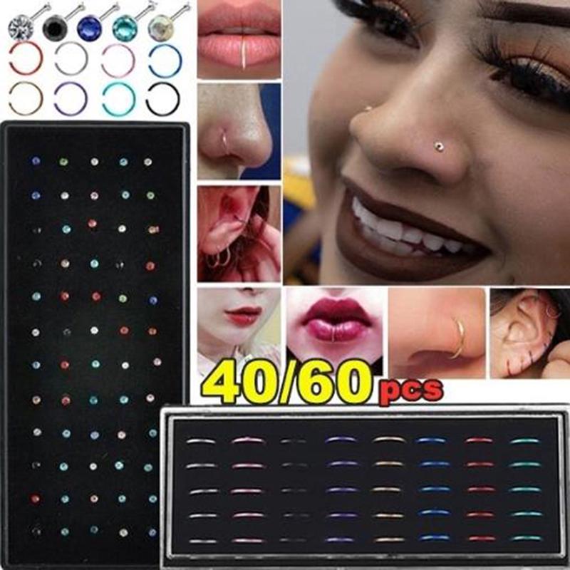 40/60Pcs Women Nose Piercing Ring Steel Silver Surgical Hoop Cartilage Stud
