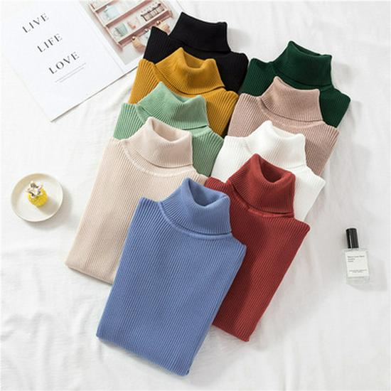 2025 Autumn/Winter Women's High Neck Pullover Sweater, Long Sleeve, Slim Fit, Solid Color Knitwear
