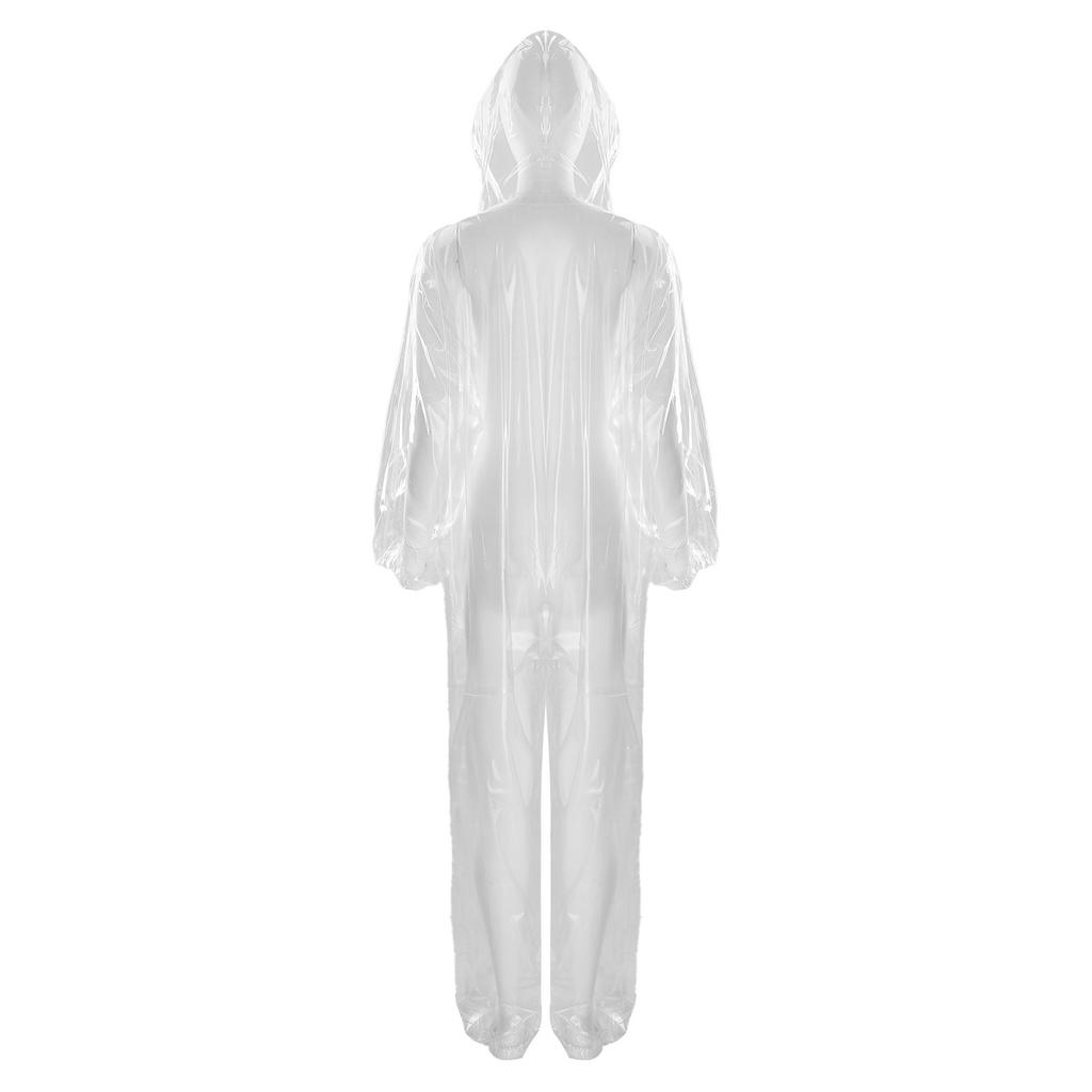 Unisex Full Body Hooded Raincoat Drawstring Hood Front Button Zipper One Piece Waterproof Jumpsuit Workwear