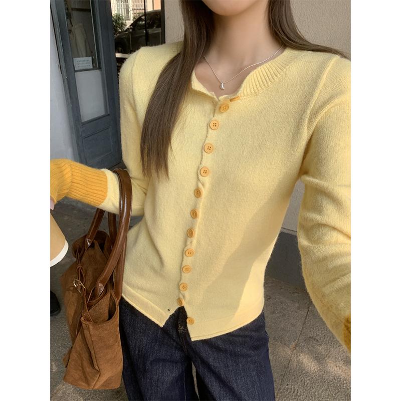 

Модный повседневный элегантный вязаный свитер с длинным рукавом, кардиганы для женщин, осень, новый облегающий свитер с круглым вырезом, женский однотонный винтажный зимний кардиган 25798 One Size жёлтый