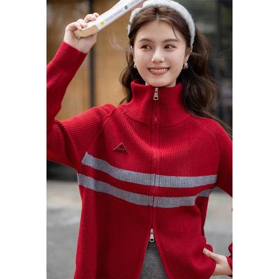 ITISF4 Women's Loose Striped Double-Zip Knit Sweater