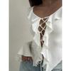 Ruffle Edge Splicing Lace-up Short Shirt Sexy Strap Tie Spicy Girl Top Long Sleeved Solid Color Falred Long Sleeve T-shirt Streetwear Slim Fit Blouse