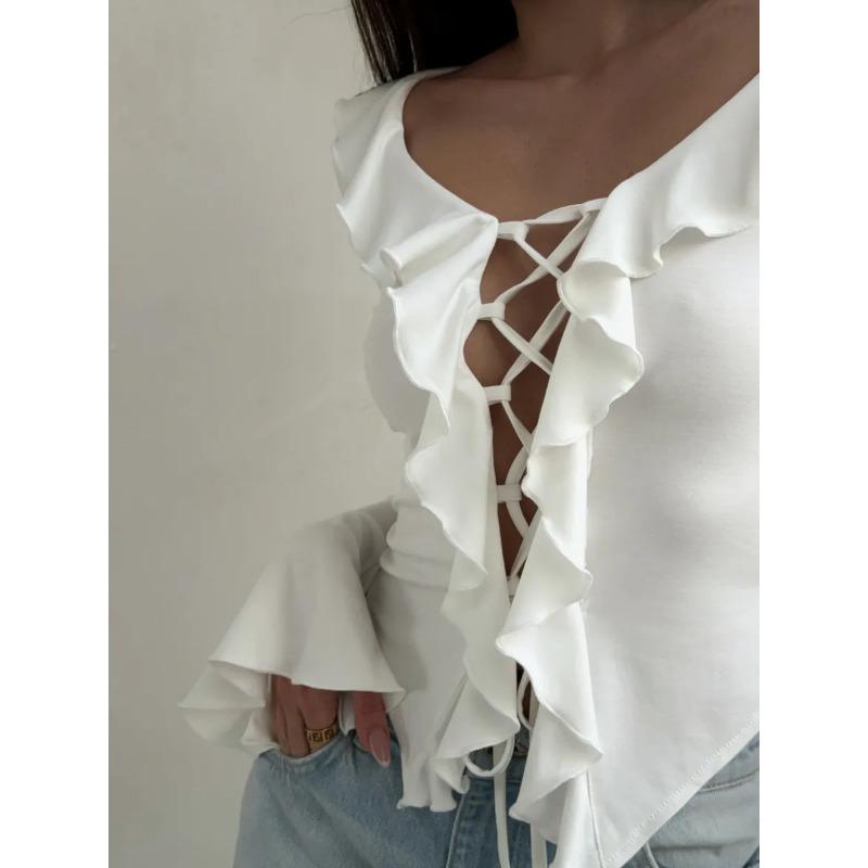 Ruffle Edge Splicing Lace-up Short Shirt Sexy Strap Tie Spicy Girl Top Long Sleeved Solid Color Falred Long Sleeve T-shirt Streetwear Slim Fit Blouse