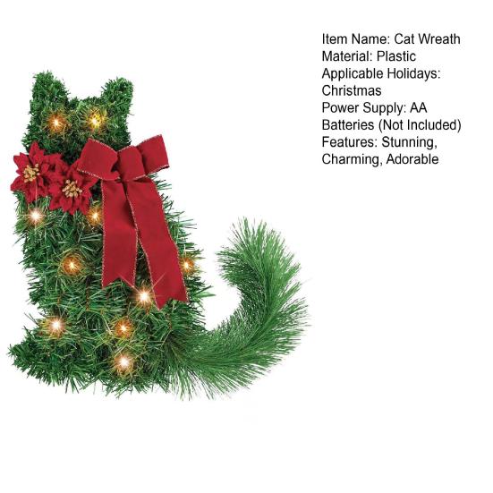 Lighted Cat Wreath for Front Door Artificial Greenery Wreath with Poinsettia And Red Bow Christmas Animal Shaped Swag for Farmhouse