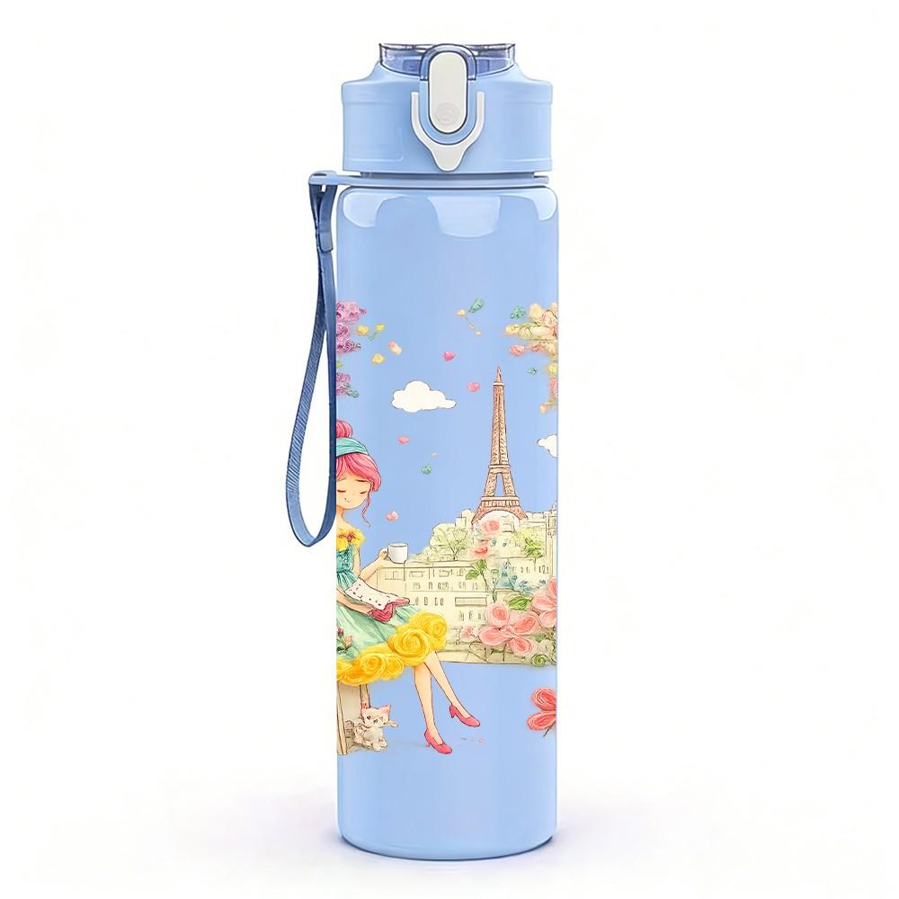 1PC Little Girl In Flower Field Scene Print 750ml Color Plastic Sports Water Bottle Leakproof Flip Straw Lid Suitable for Sports Office Home Use