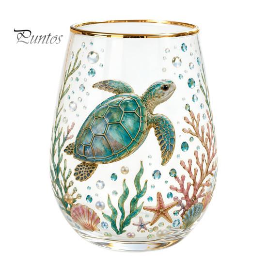 Retro Enamel Style Cup Hand Painted Glass Tumbler, Egg Shaped with Gold Rim, Clear Lead-Free Ocean Turtle Pattern Mug for Tea Coffee Wine Juice