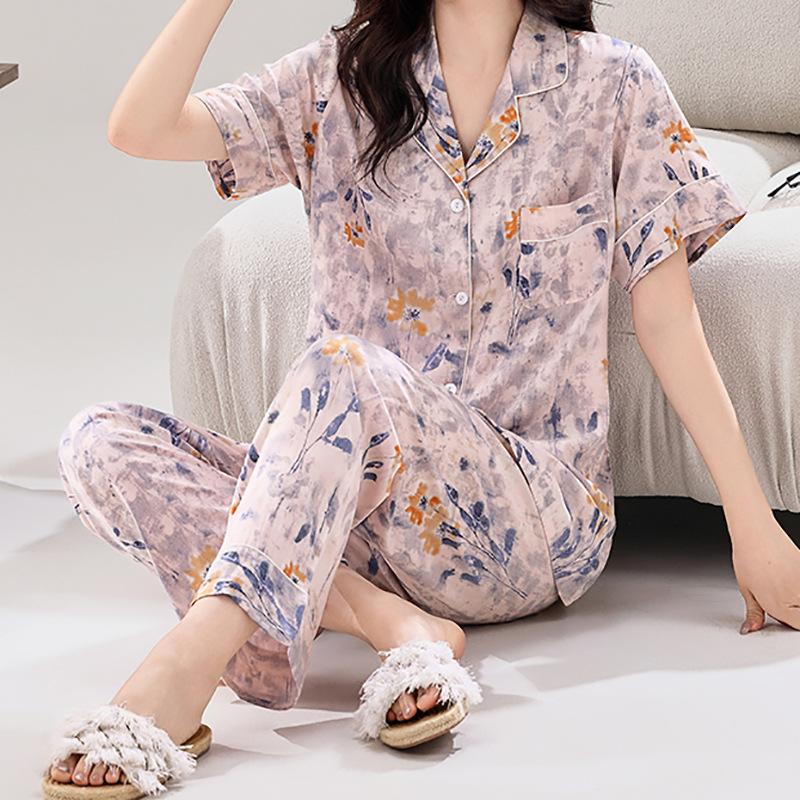 Spring and summer cotton and silk thin pajamas women's short-sleeved trousers set V-neck Korean version lapel button cardigan pajamas