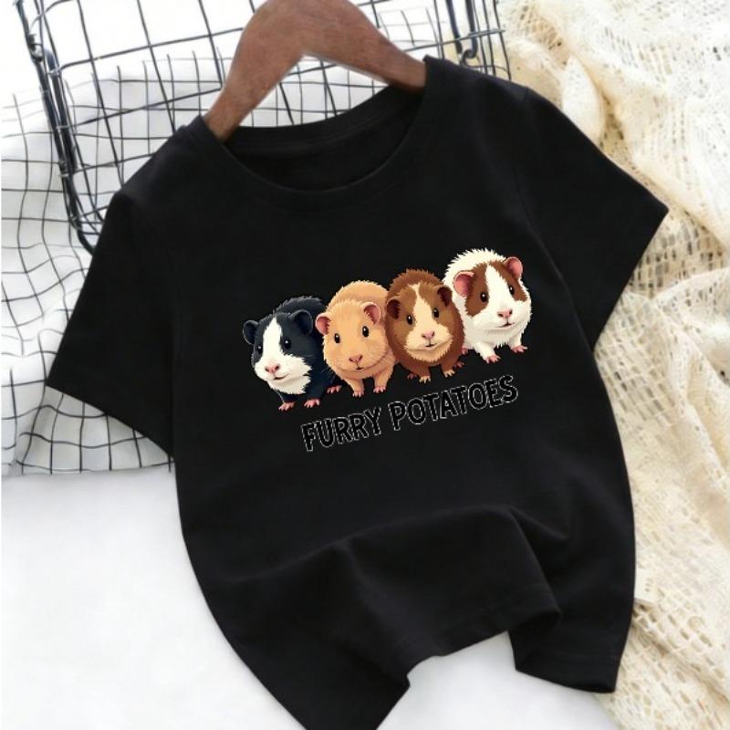 Children Crew Neck Short Sleeve T-Shirt with Cartoon Guinea Pig Print