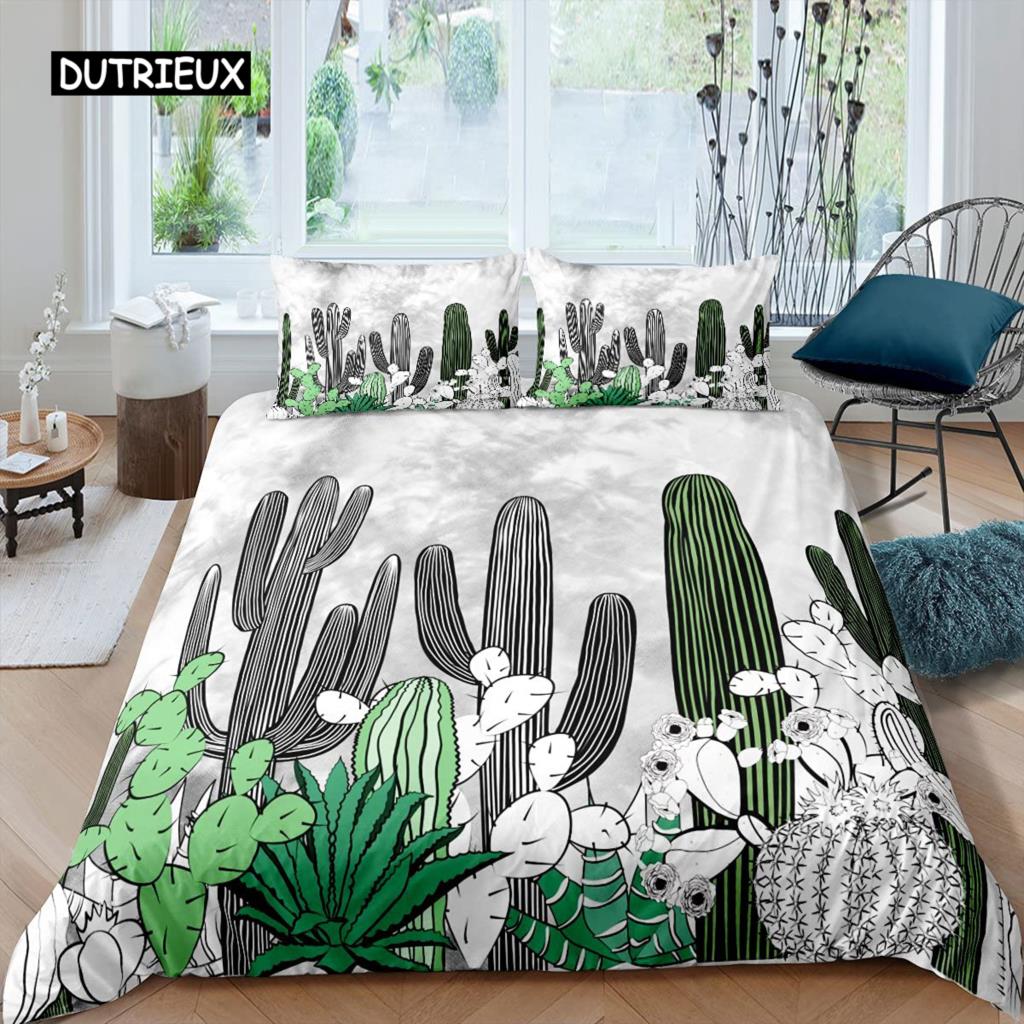 Cactus Duvet Cover Set King Size Hand Painted Style Bedding Set Nature Art Prints Comforter Cover Green Plant Cactus Quilt Cover