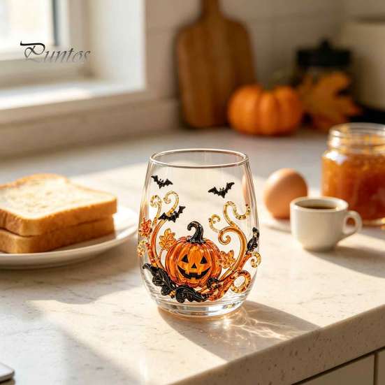 Bicchieri da festa di Halloween, Bicchieri in vetro con rilievo di zucca, fantasma, gatto, pipistrello, Bicchieri da bevande senza stelo spettrali, Bicchieri stagionali per