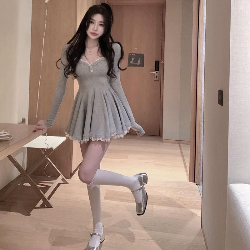 Spice Girl Sweet and Spicy Chic Lace A-shaped Dress Autumn New Waist Skinny Black Long Sleeve Dress S серый