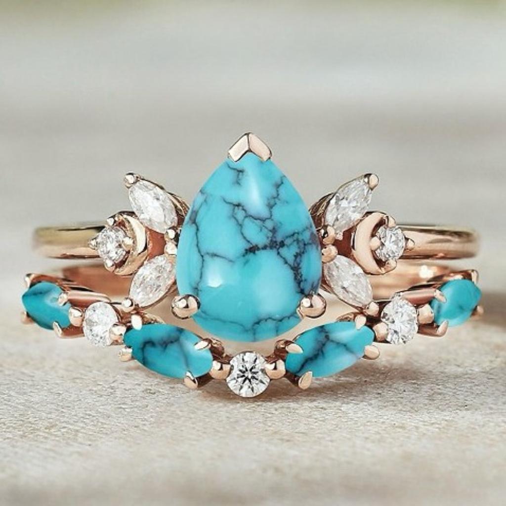 Luxury Bohemian Fashion Water Drop Ring, Light Luxury Diamond-set Turquoise Personalized Design Ring Wholesale