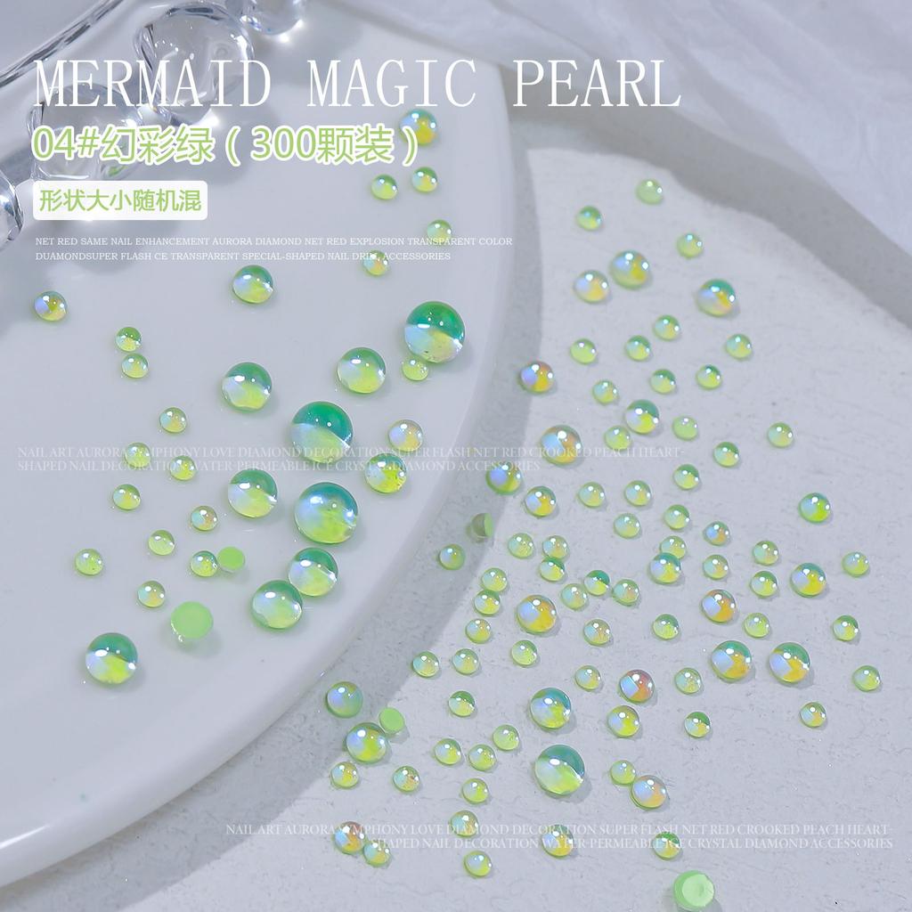 300pcs 3D Magic Colorful Mermaid Round Glass Aurora Translucent Crystal Beads Nail Charms Nail Art Decoration Accessories Tips