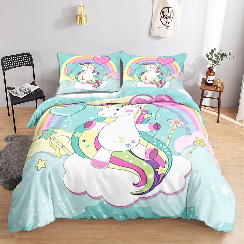 Kawaii Unicorn Colorful Luminous Unicorn Kids Bedding Set For Girls Pink Deluxe Quilt Cover Bedding Set King Queen Quilt Cover