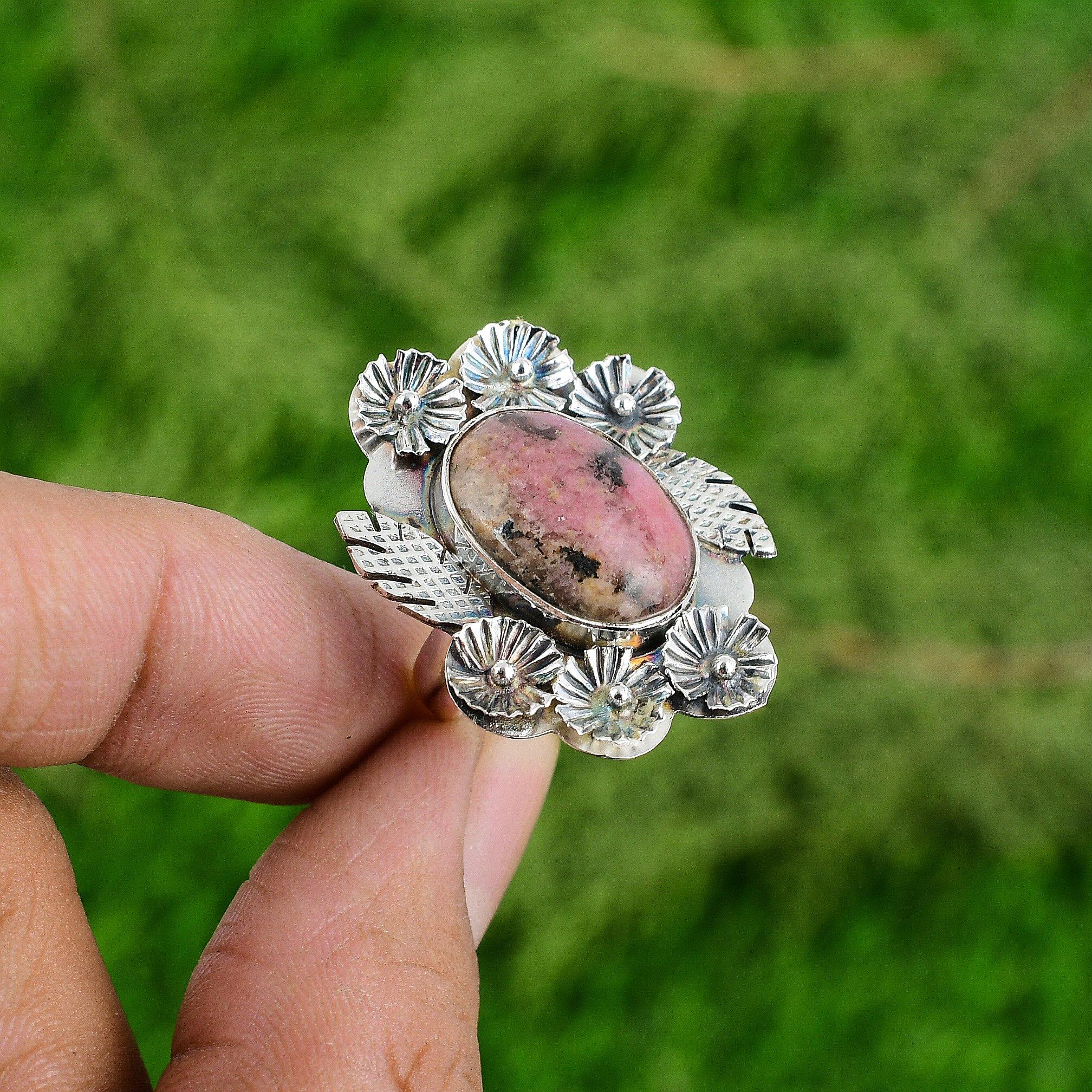 

Gift For Her Natural Rhodonite Statement Flower Adjustable Ring 925 Silver Adjustable