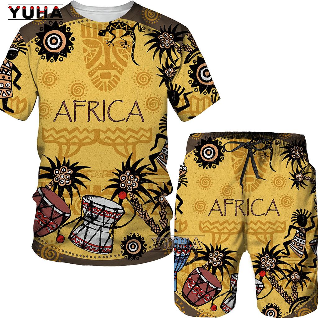 YUHA,Short Sleeve Plus Size Men Retro Ethnic Print Tracksuit Couple Dashiki Clothes Summer African Men's T Shirt Shorts Two Piec