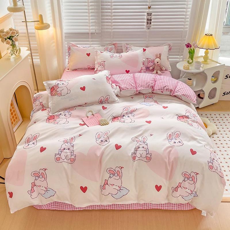 Blue Love Duvet Cover Set Heart Shaped Cute Rabbit Print Bedding Sets For Women Girls Teens Bed Set Flat Sheet Reversible Covers