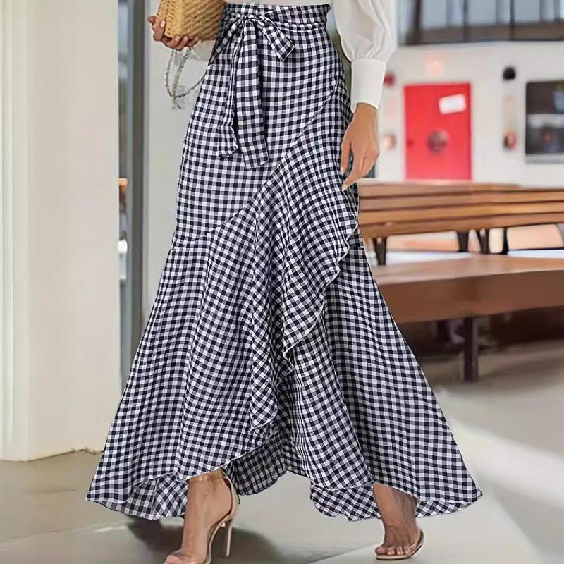 European and American Plaid High-Waisted Lace-up Ruffle Hem Asymmetrical Skirt